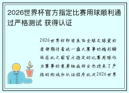 2026世界杯官方指定比赛用球顺利通过严格测试 获得认证