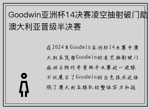 Goodwin亚洲杯14决赛凌空抽射破门助澳大利亚晋级半决赛