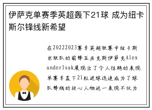 伊萨克单赛季英超轰下21球 成为纽卡斯尔锋线新希望 伊萨克单赛季英超轰下21球 成为纽卡斯尔锋线新希望